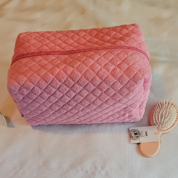 Anthropologie Quilted Terry Cosmetic Bag And Anthropologie Small Pink Brush - Picture 2 of 6